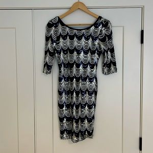 Crystal Doll sequined blue and silver lined cocktail dress